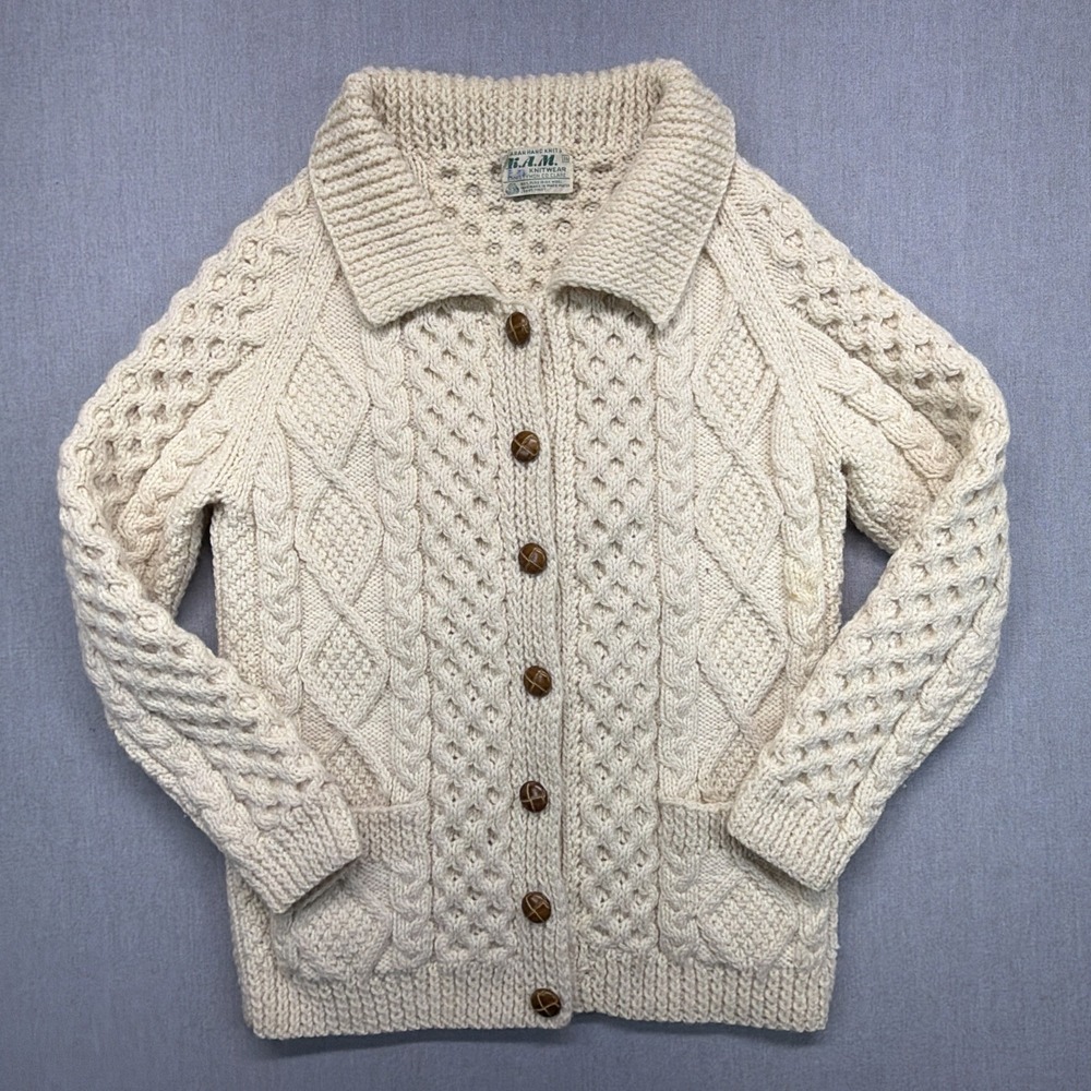 Vintage‎ Irish Aran Fisherman Cardigan Handknit Wool Collar Size 36